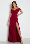 Goddiva Bardot Pleat Maxi Split Dress Wine-red M (UK12)