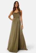 Bubbleroom Occasion Waterfall High Slit Satin Gown Olive green 44