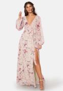 Goddiva Floral Long Sleeve Chiffon Maxi Dress Latte XL (UK16)