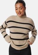 VILA Viril Mockneck L/S Knit Rib Top Natural Melange Stripes:BLACK L