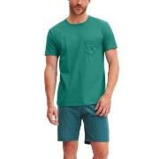 Calida Relax Imprint O Neck Short Pyjama Grønn bomull Medium Herre