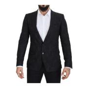 Svart Blomster Jacquard Enkeltspent Blazer