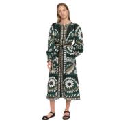 Grønn Caftan Kjole med Brodert Print