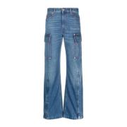 Blå Denim Jeans med Appliqué Logo og Wide Leg