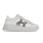 Hvite Skinn Sneakers med Rhinestone Pyntet Side H