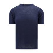 Blå Lin Crew-neck T-skjorte