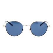 Solbriller med runde blå linser og sølvfarget metallramme