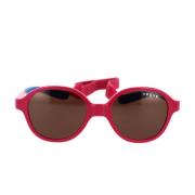 Solbriller for barn med stropp, rosa og blått innfatning, mørkebrune l...