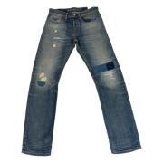 Ødelagt Straight Fit Mørkeblå Jeans med Knappelukking