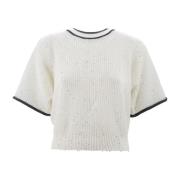 Hvit Linblandingssweater med Kontrastkant