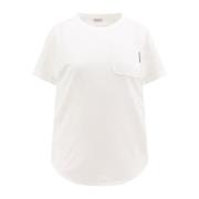 Hvit Crew-Neck T-skjorte med Lomme