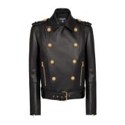 Double-breasted buttoned leather biker jacket