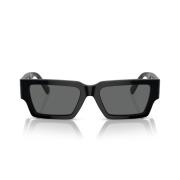 Rektangulære solbriller med mørkegrå linse og blank svart ramme