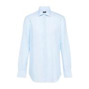 Blå og hvit stripet lin-bomullsskjorte