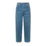 Blå Wide Leg Jeans Med Frynset Bunn