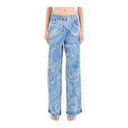 Wide Leg Denim Jeans med Laser Print og Rhinestone Detalj