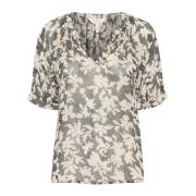 Svart Stitch Leaf Print Bluse