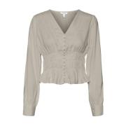 Beige Linbluse V-Neck Top Bluse