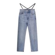 Blå Wide Leg Jeans med Stretch Stropp