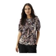 Fargerik Print Bluse med Halve Ermer