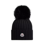 Svart Ull Pom Pom Beanie Lue