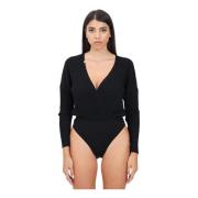 Sort Ribbet Bodysuit med Logo Plaque