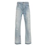 Blå Distressed Maling Sprut Jeans