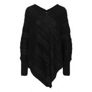 Sort Strikket Poncho med V-Hals