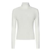 Hvit Ribbestrikket Turtleneck Genser med Cut-Out