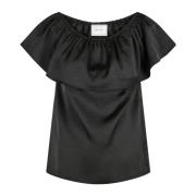 Elegant Svart Sateng Ruffle Topp