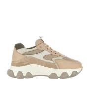 Beige Sneakers med Skinn og Semsket skinn