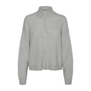 Grå Melange Highneck Zip Cardigan Strikke