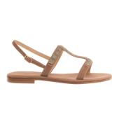 Beige Semsket Sandal med Blå og Kobberkrystaller