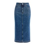 Denim Midi Skjørt med Strass