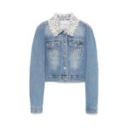 Blå Denimjakke med Rhinestone Applikasjoner