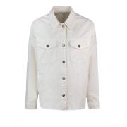 Hvit Denim Overshirt Jakke Frynset Logo