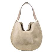 Beige Semsket Hobo Håndveske med Gull Studs