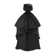 Svart Sateng Halterneck Ruffled Topp