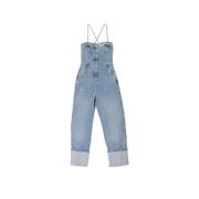 Denim Cargo Jumpsuit med Rosa Snørebånd