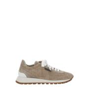 Beige Semsket Lav Topp Sneakers Kvinne