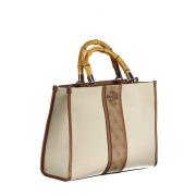 Bambus Tote Bag Beige Lerret Skinn