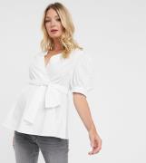 ASOS DESIGN Maternity short puff sleeve wrap top in ivory-White