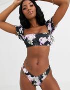 ASOS DESIGN puff sleeve milkmaid bikini top in galaxy floral print-Mul...