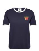 Fia Stacked Logo T-Shirt Navy Double A By Wood Wood