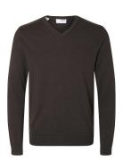 Slhberg Ls Knit V-Neck Noos Brown Selected Homme