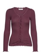 Rwbabette Silk Ls V-Neck Lace Cardi Burgundy Rosemunde