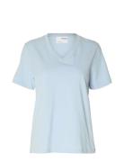 Slfessential Ss V-Neck Tee Noos Blue Selected