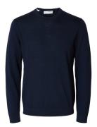 Slhtray Ls Knit Merino Crew Neck Noos Navy Selected