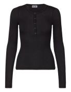 Sheer Rib Long Sleeve Henley Top Black Weekday