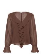 Objgina L/S Re V-Neck Ruffle Top Ss Div Brown Object